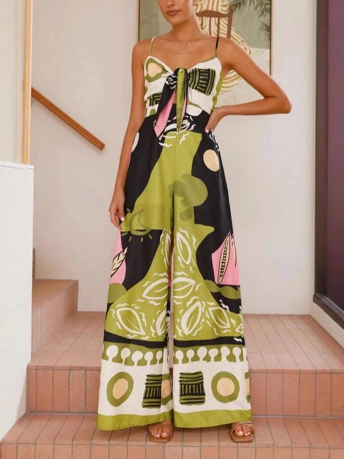 Combinaison chic à bretelles, ajustée à la taille avec jambes larges et droites