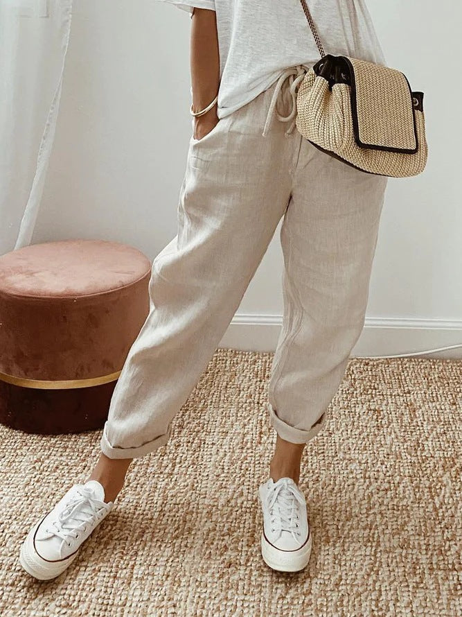 Pantalons décontractés unis avec cordon de serrage et poches intégrées