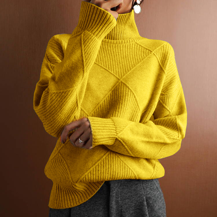 Pull long d'hiver à manches longues en motif losange avec col roulé
